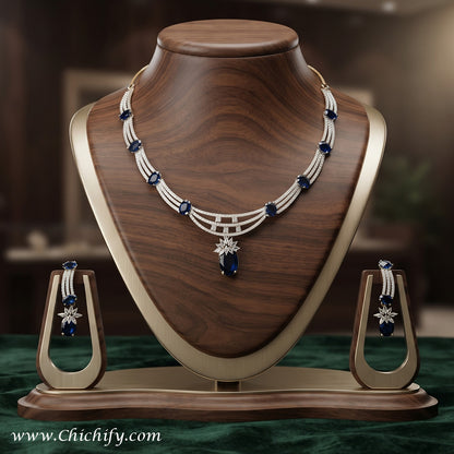 Royal Blue American Diamond Multi-Strand Necklace Set