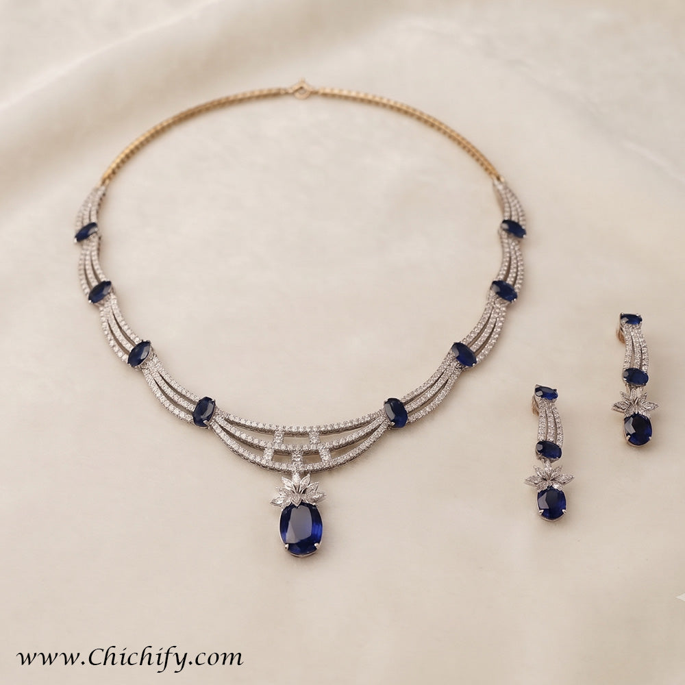 Royal Blue American Diamond Multi-Strand Necklace Set