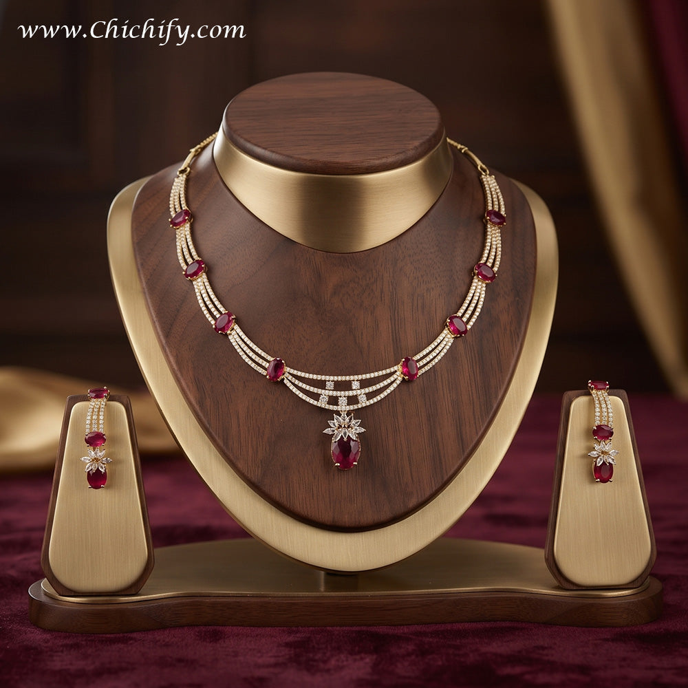 Ruby Pink American Diamond Multi-Strand Necklace Set