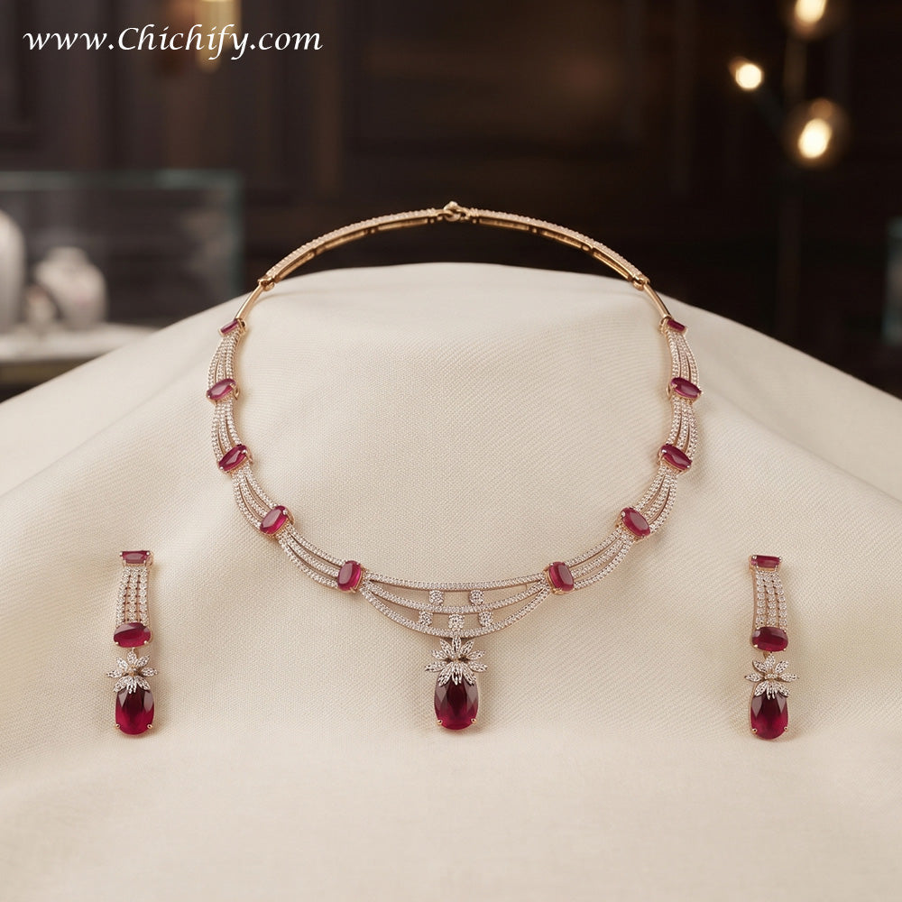 Ruby Pink American Diamond Multi-Strand Necklace Set