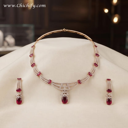 Ruby Pink American Diamond Multi-Strand Necklace Set