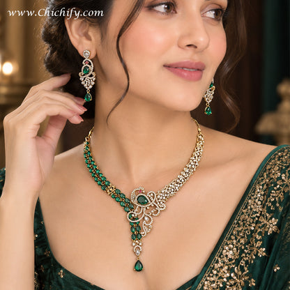 Emerald Green American Diamond Bridal Necklace Set