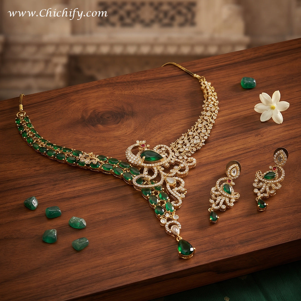 Emerald Green American Diamond Bridal Necklace Set