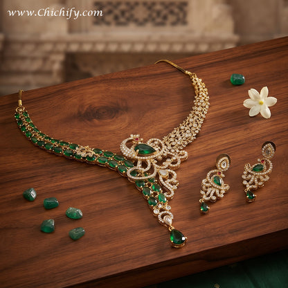 Emerald Green American Diamond Bridal Necklace Set