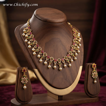 Antique South Indian Ruby & Emerald AD Necklace Set