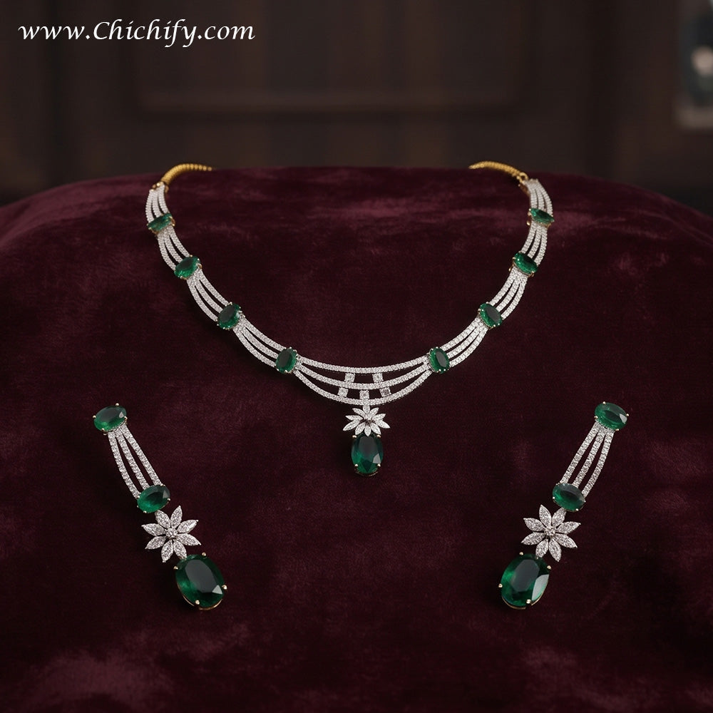 Emerald Green American Diamond Necklace Set