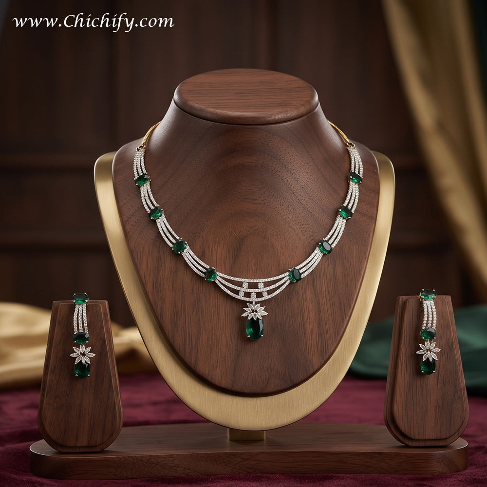 Emerald Green American Diamond Necklace Set