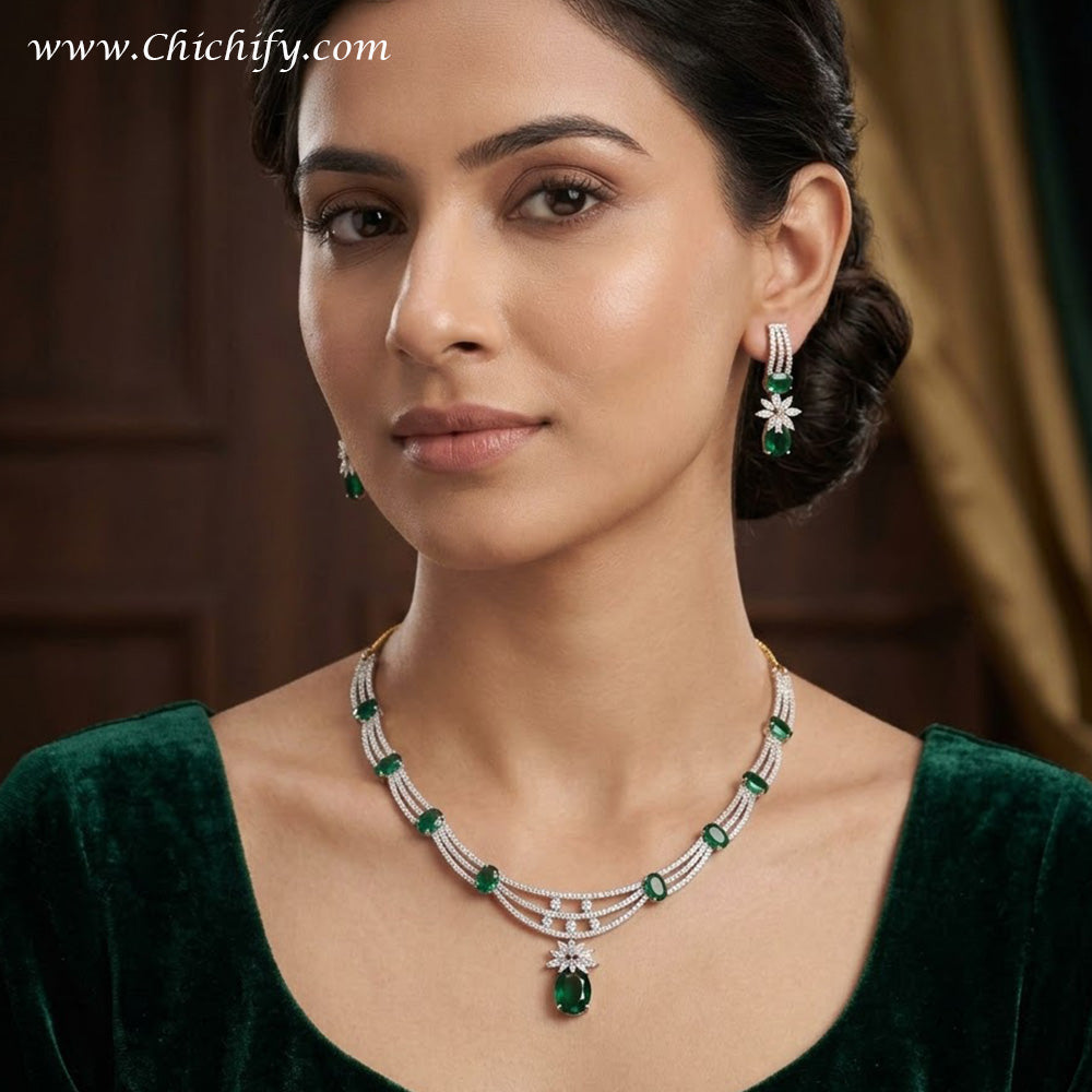 Emerald Green American Diamond Necklace Set