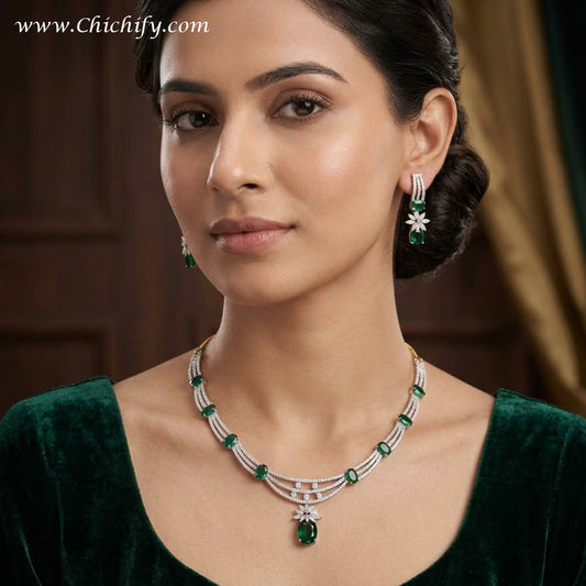 Emerald Green American Diamond Necklace Set