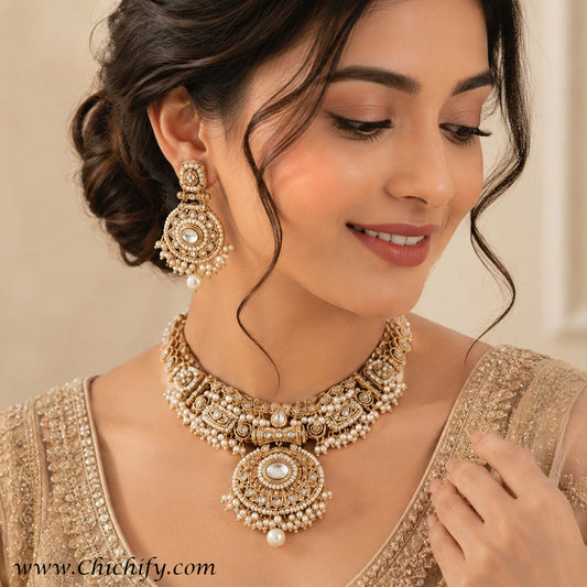 Chichify Pearl Kundan Bridal Choker Necklace Set