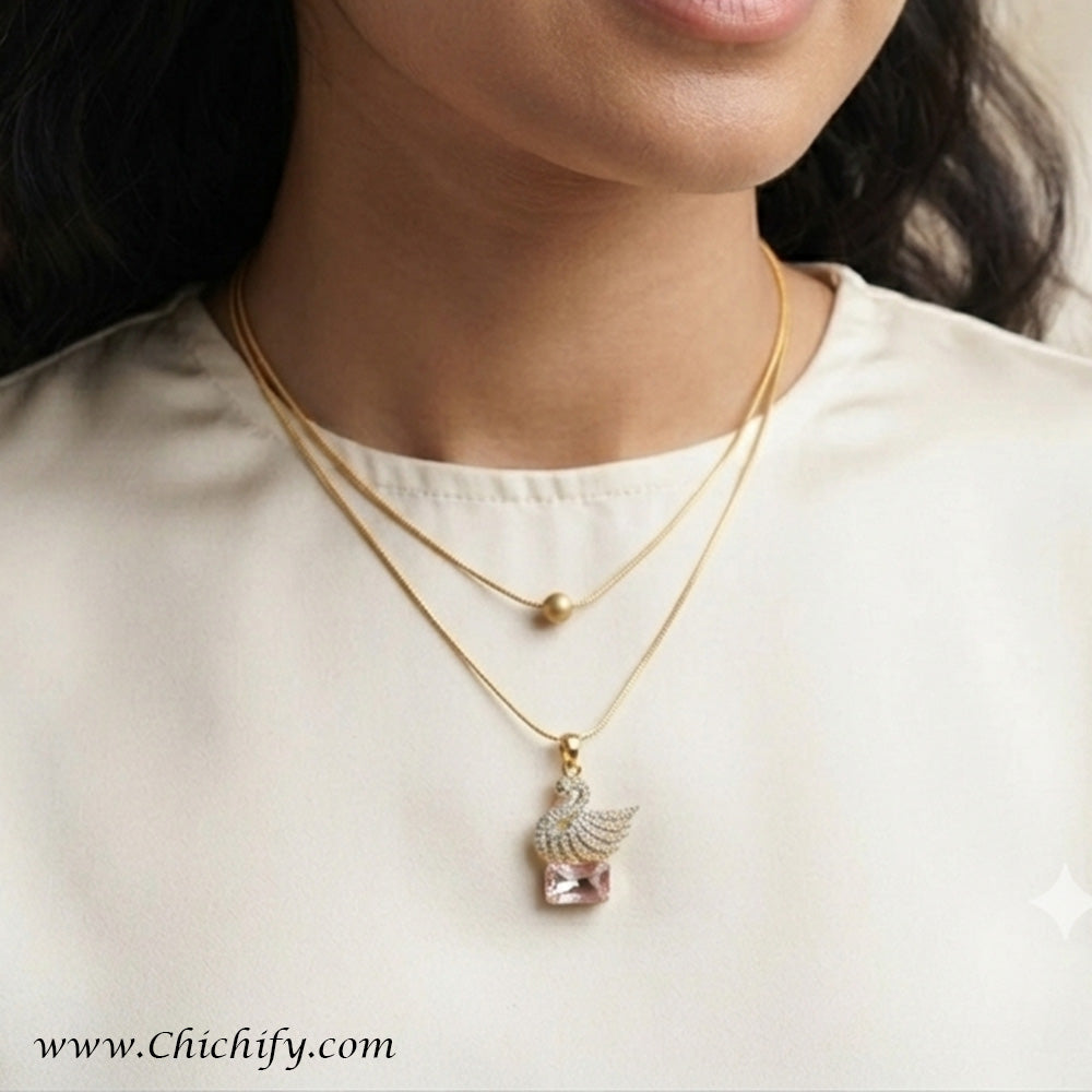 Swan Elegance Anti-Tarnish Pink Crystal Double-Layer Necklace
