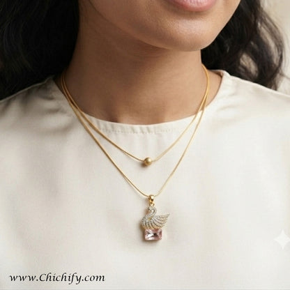 Swan Elegance Anti-Tarnish Pink Crystal Double-Layer Necklace