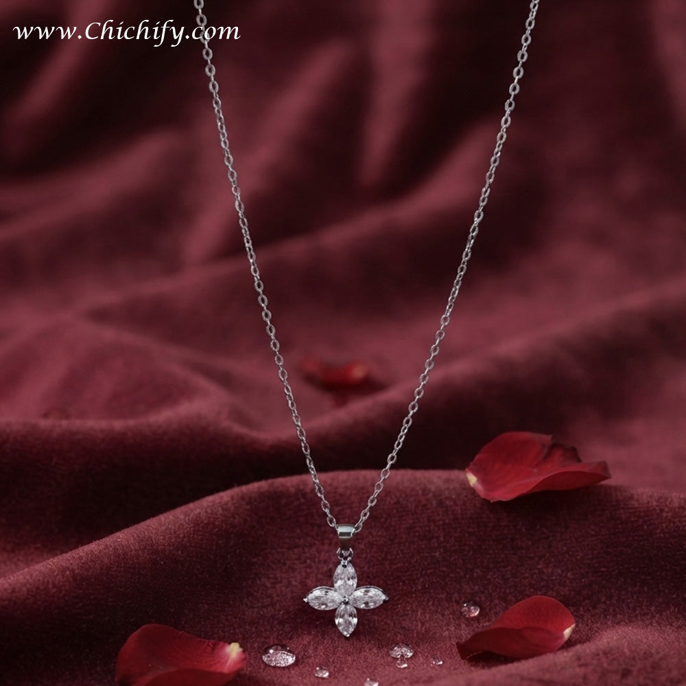 Silver Crystal Cross Bloom Anti-Tarnish Pendant Necklace