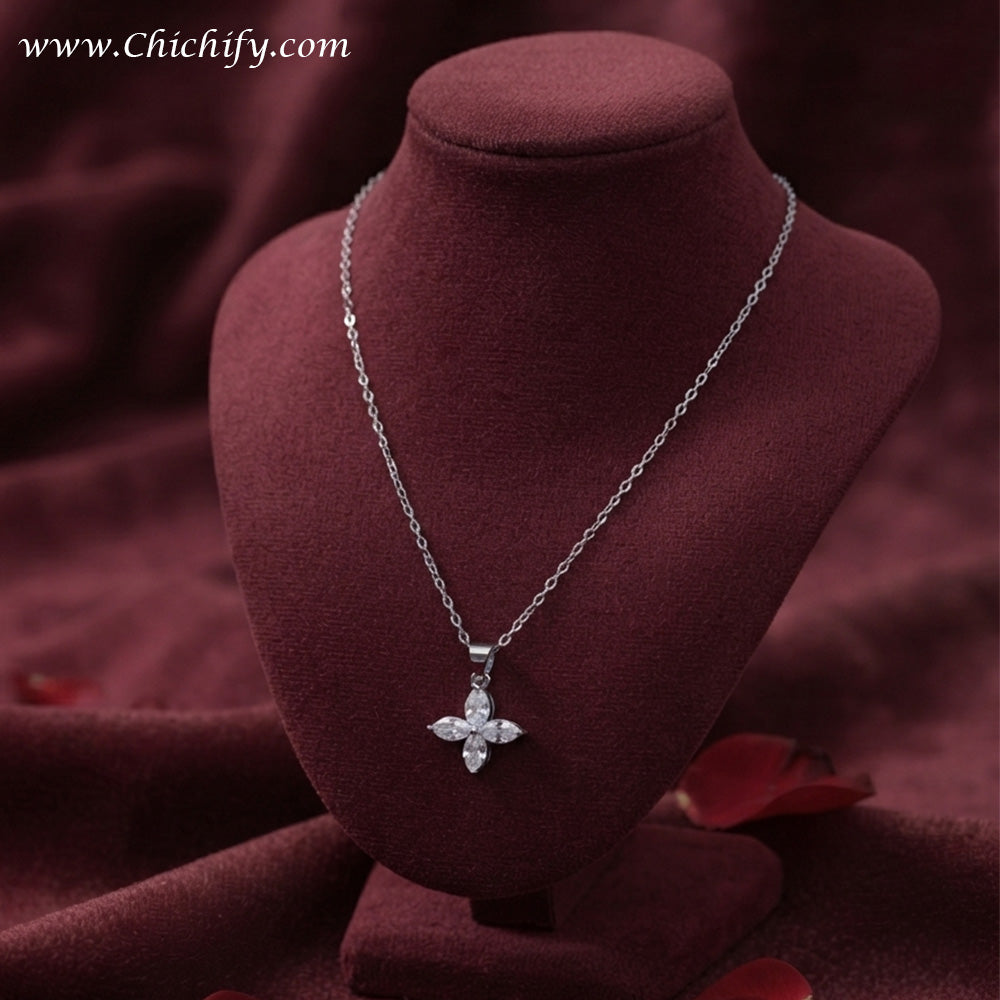 Silver Crystal Cross Bloom Anti-Tarnish Pendant Necklace