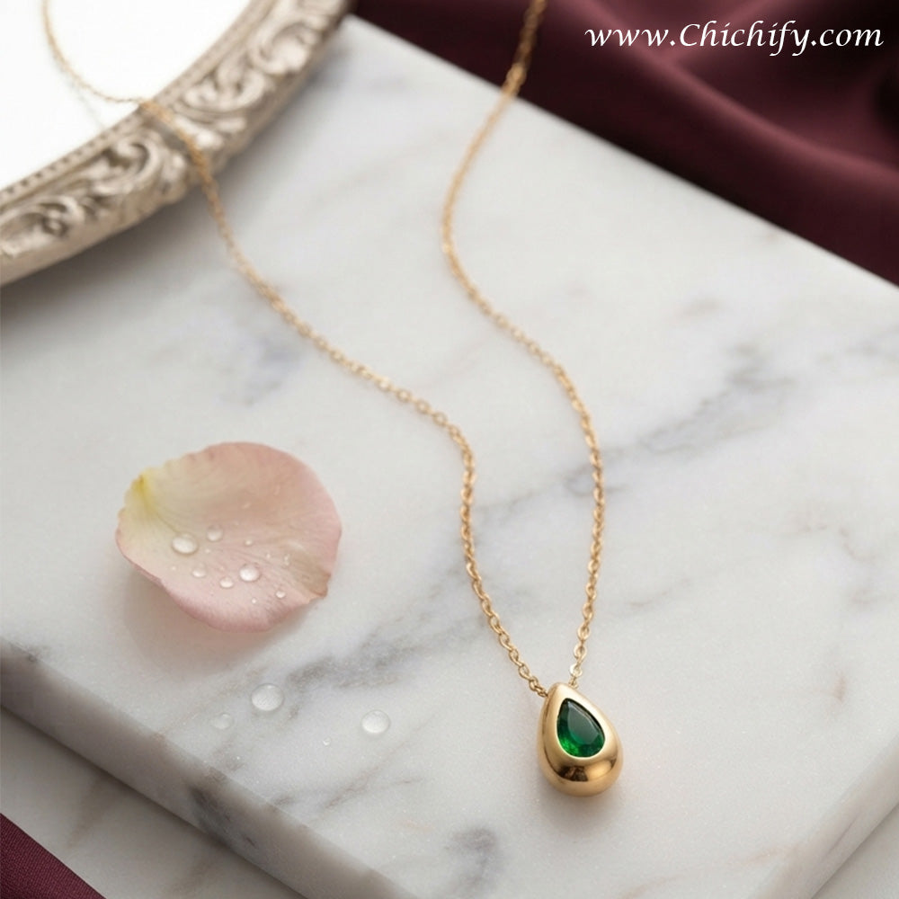 Emerald Teardrop Stainless Steel Anti-Tarnish Pendant Necklace
