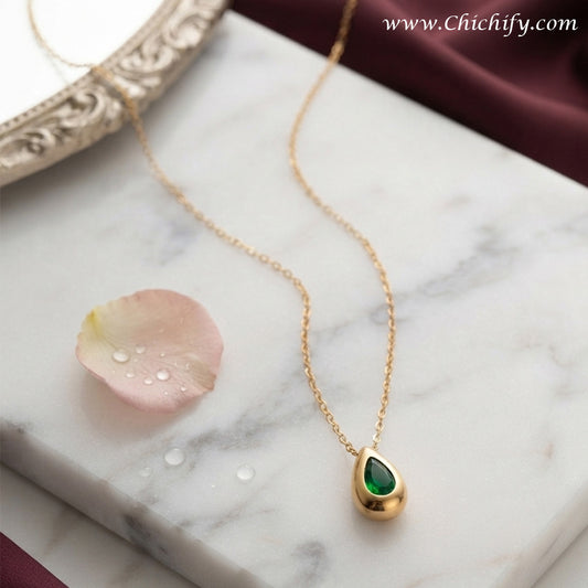 Emerald Teardrop Stainless Steel Anti-Tarnish Pendant Necklace