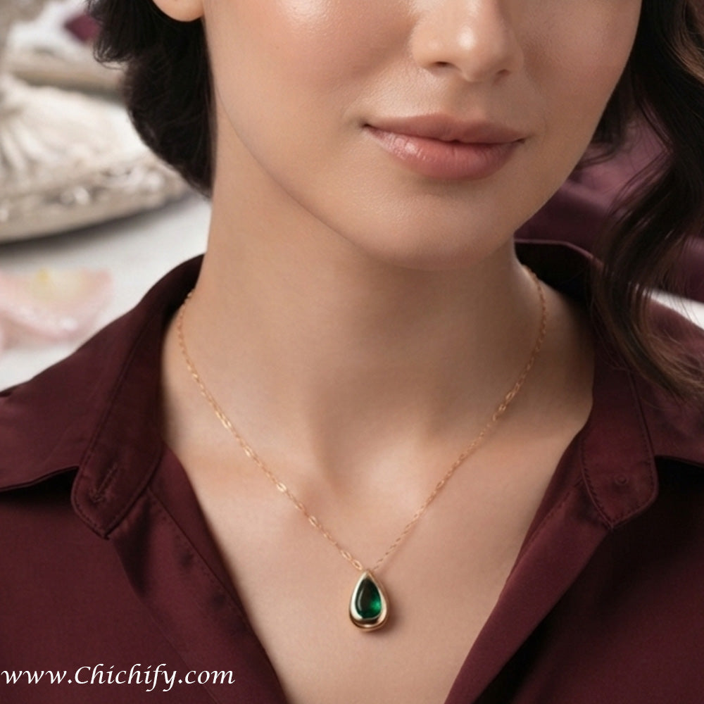 Emerald Teardrop Stainless Steel Anti-Tarnish Pendant Necklace