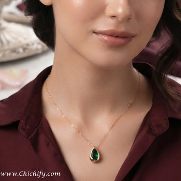 Emerald Teardrop Stainless Steel Anti-Tarnish Pendant Necklace