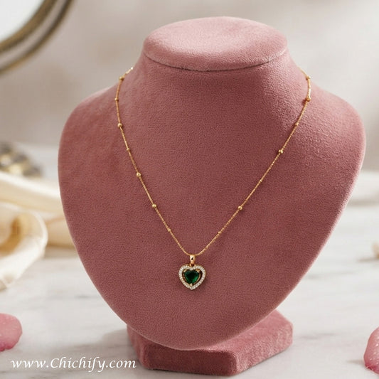 Emerald Heart Beaded Chain Stainless Steel Anti-Tarnish Necklace