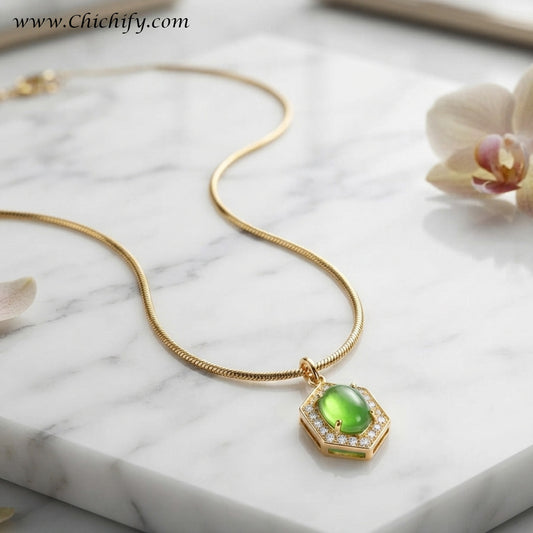 Emerald Glow Hexagon Pendant Stainless Steel Anti-Tarnish Necklace