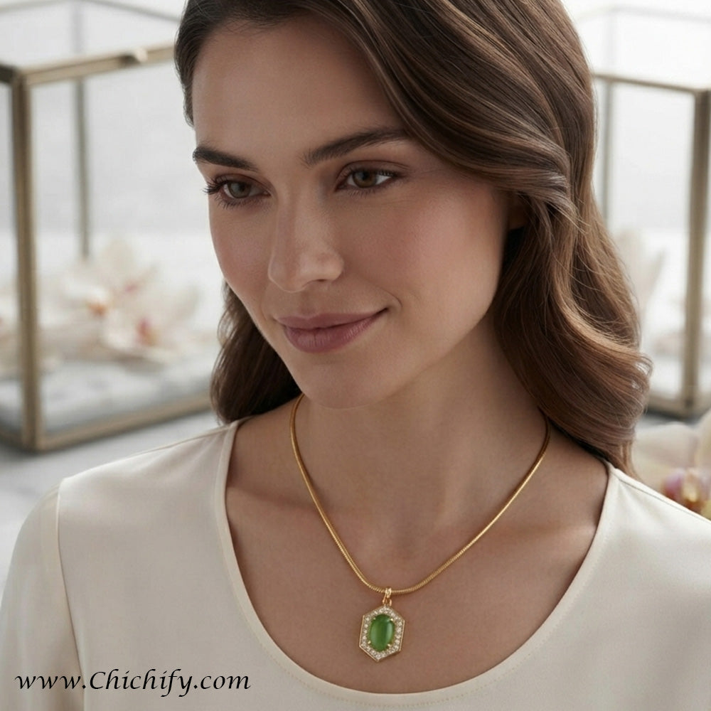 Emerald Glow Hexagon Pendant Stainless Steel Anti-Tarnish Necklace