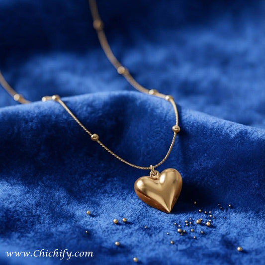 Golden Heart Beaded Chain Stainless Steel Anti-Tarnish Necklace