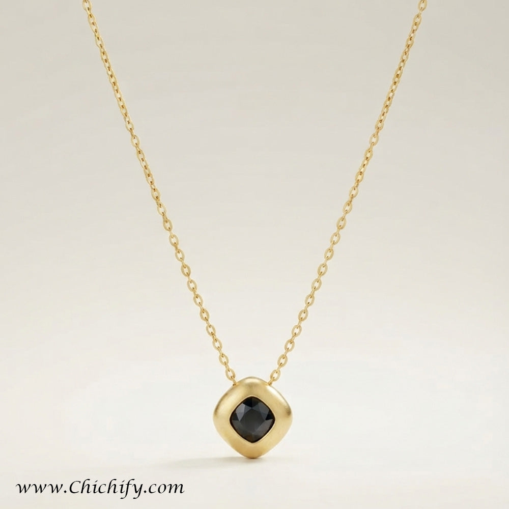 Stainless Steel Black Onyx Square Anti-Tarnish Pendant Necklace