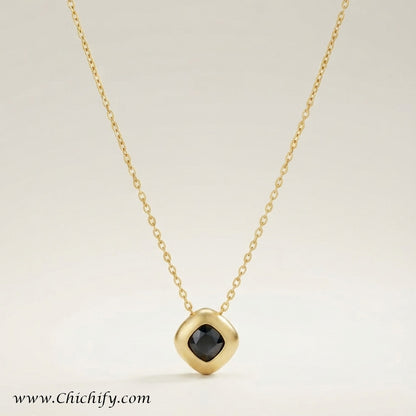 Stainless Steel Black Onyx Square Anti-Tarnish Pendant Necklace
