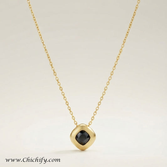 Stainless Steel Black Onyx Square Anti-Tarnish Pendant Necklace