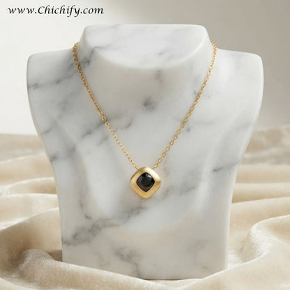 Stainless Steel Black Onyx Square Anti-Tarnish Pendant Necklace