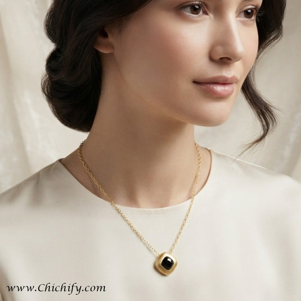 Stainless Steel Black Onyx Square Anti-Tarnish Pendant Necklace