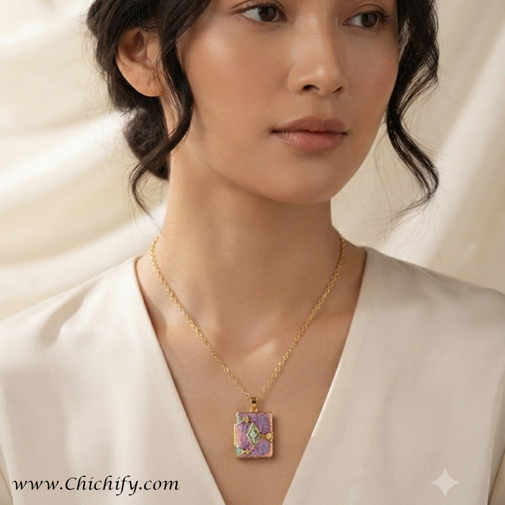Stainless Steel Lavender Mosaic Anti-Tarnish Pendant Necklace