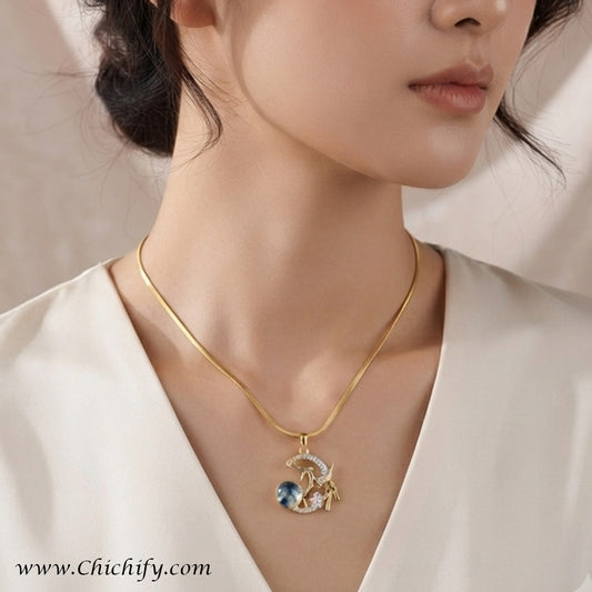Celestial Anchor Blue Crystal Anti-Tarnish Pendant Necklace