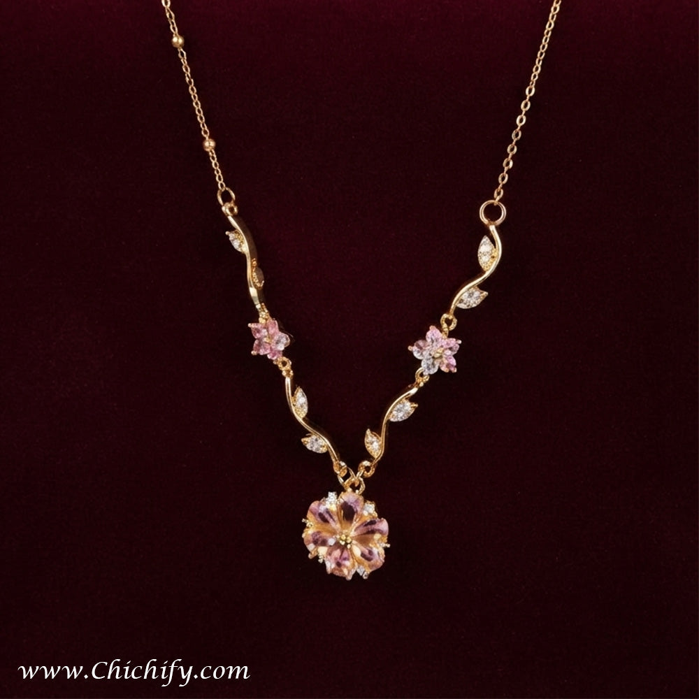 Blossom Vine Pink Crystal Anti-Tarnish Necklace