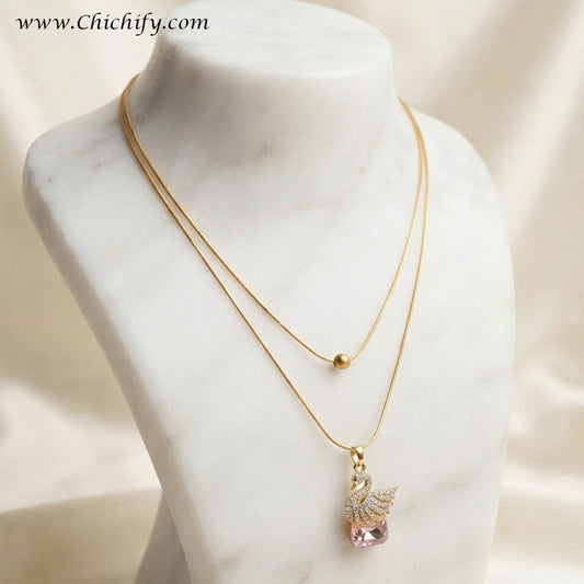 Swan Elegance Anti-Tarnish Pink Crystal Double-Layer Necklace