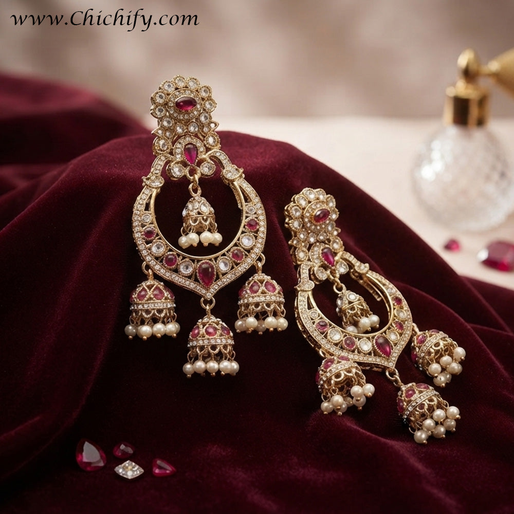 Ruby Jadau Pearl Cascade American Diamond Earrings