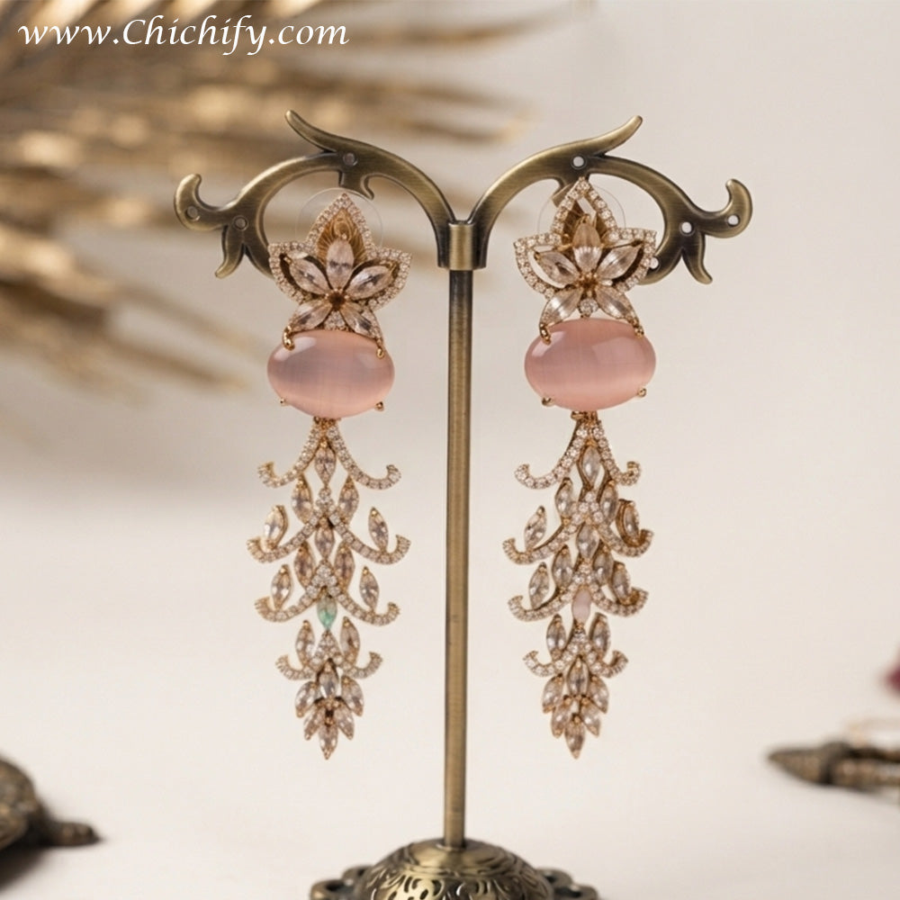 Pink Opal Floral Cascade American Diamond Earrings
