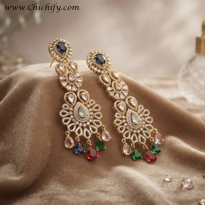Royal Multicolor Floral Cascade American Diamond Earrings