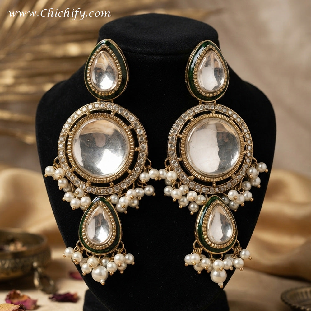 Emerald Kundan Pearl Drop Earrings