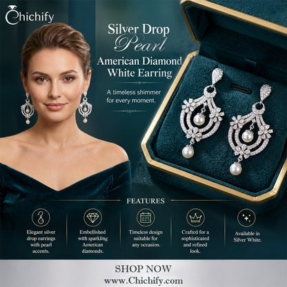 Silver Drop Pearl American Diamond White Earring