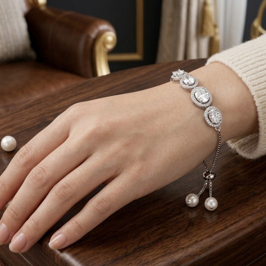 Celeste Halo Crystal Adjustable Slider Bracelet – Silver Finish