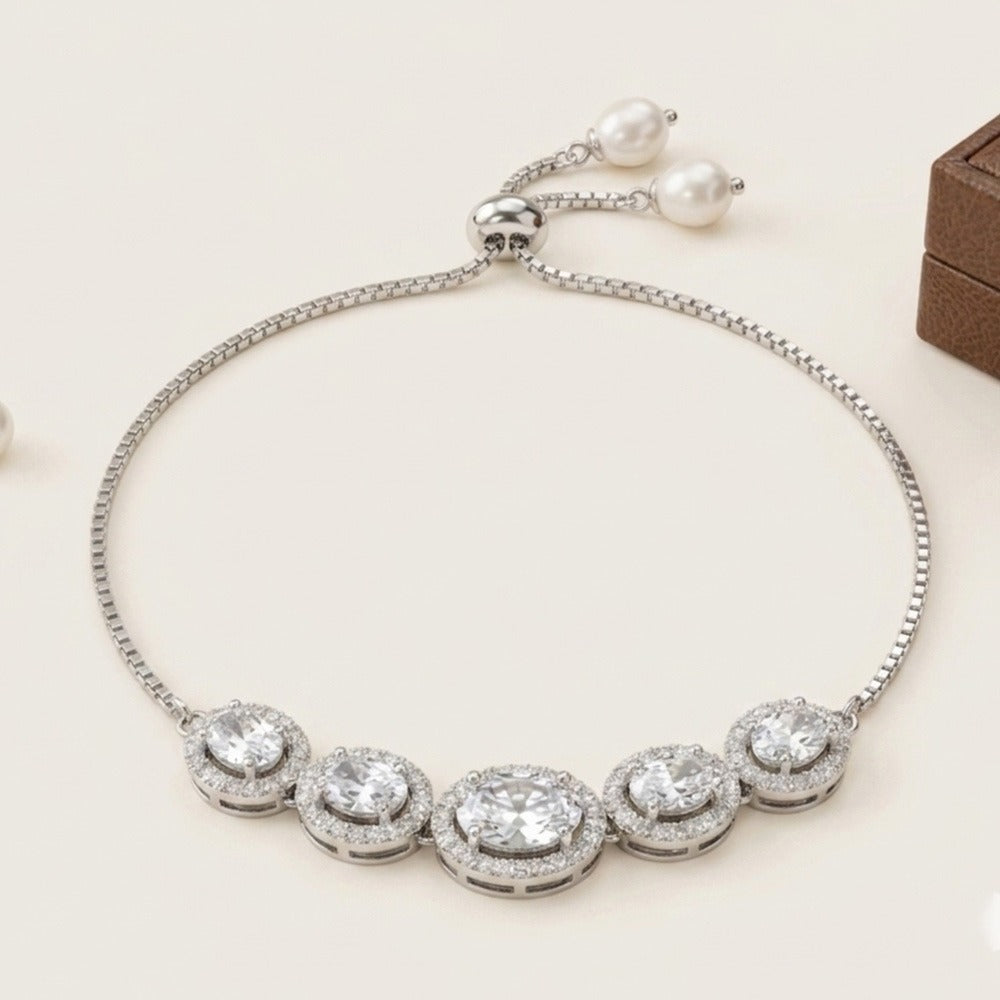 Celeste Halo Crystal Adjustable Slider Bracelet – Silver Finish