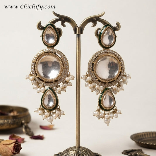 Emerald Kundan Pearl Drop Earrings