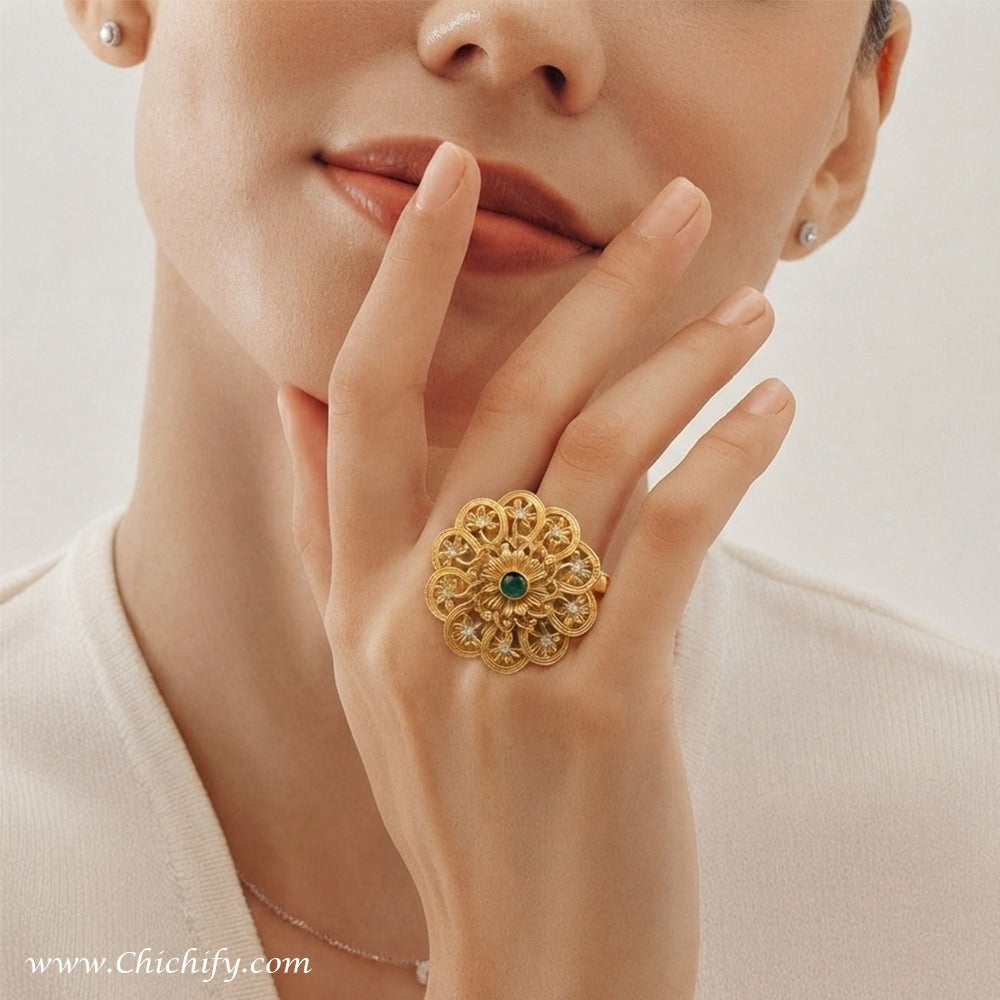 Rajwadha Emerald Bloom Statement Ring